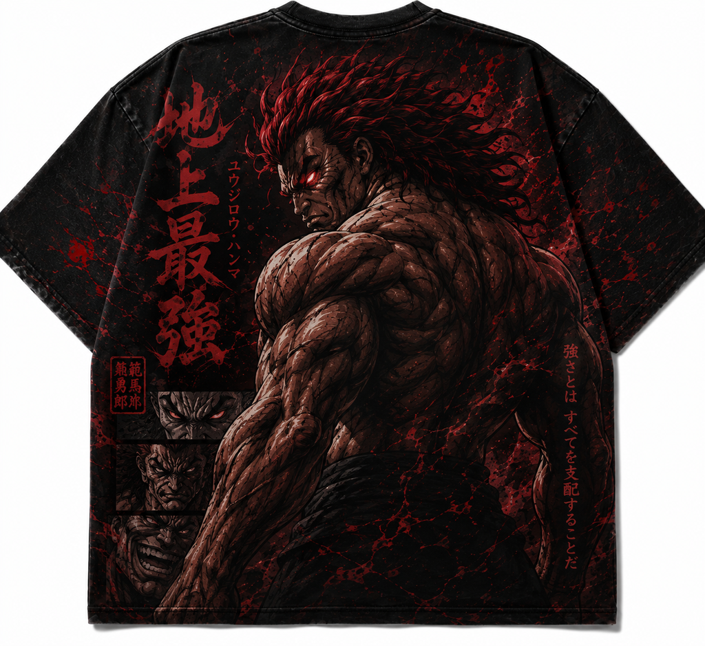 Flat lay back view of the black Yujiro Hanma anime oversized t shirt showing the intricate Demon Back muscle artwork and red blood splatter design.