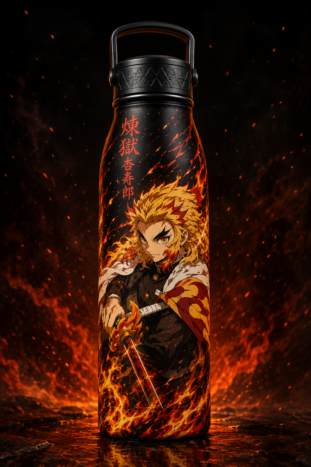Premium Demon Slayer anime water bottle featuring Kyojuro Rengoku surrounded by blazing flames on a black stainless steel flask.