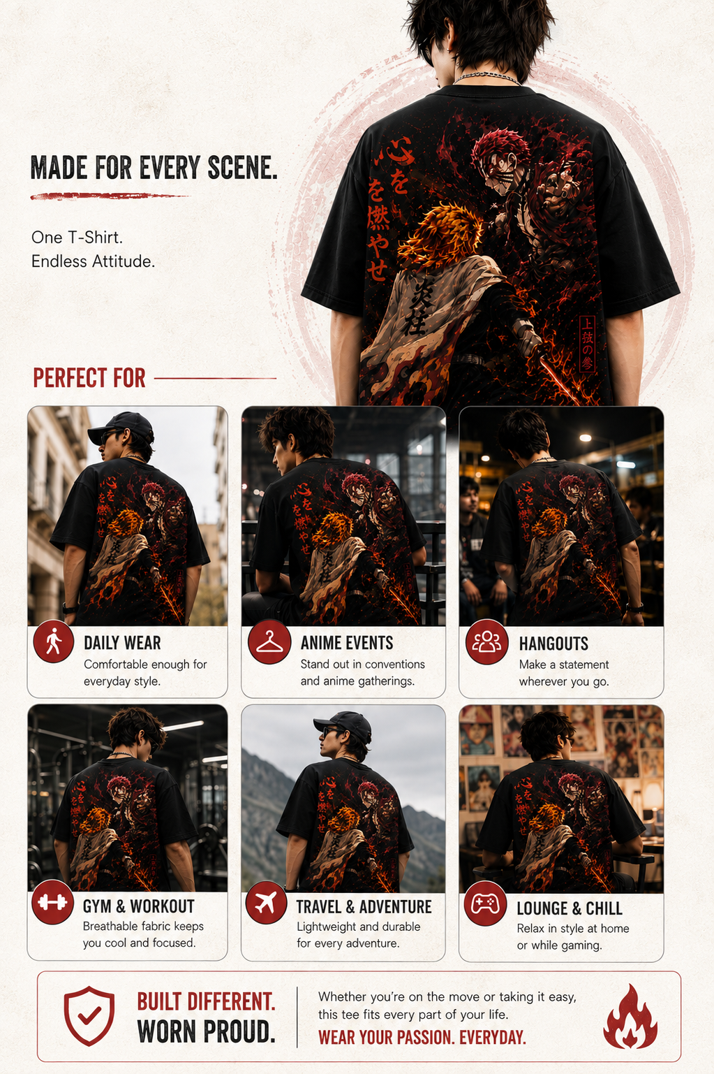 Lifestyle lookbook infographic showing a model wearing the Demon Slayer tshirt, demonstrating how to style the oversized fit for modern streetwear.