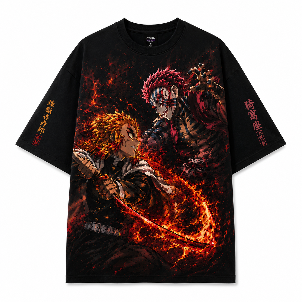 Flat lay front view of the premium black Demon Slayer tshirt featuring a vibrant graphic of Rengoku clashing with Akaza.