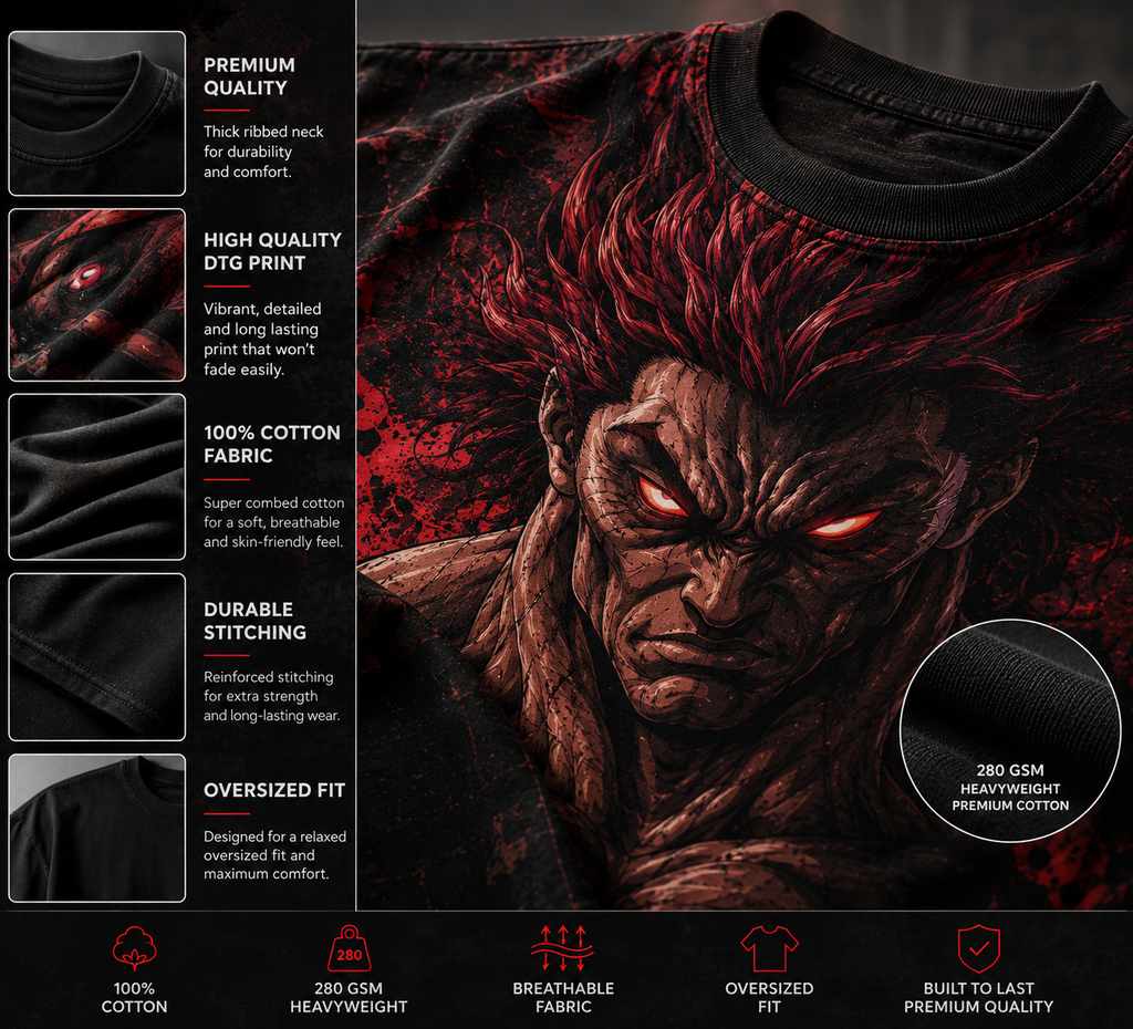 Fabric specifications for the premium anime oversized t shirt, highlighting 280 GSM heavyweight premium cotton, high-quality DTG print, and a thick ribbed neck.