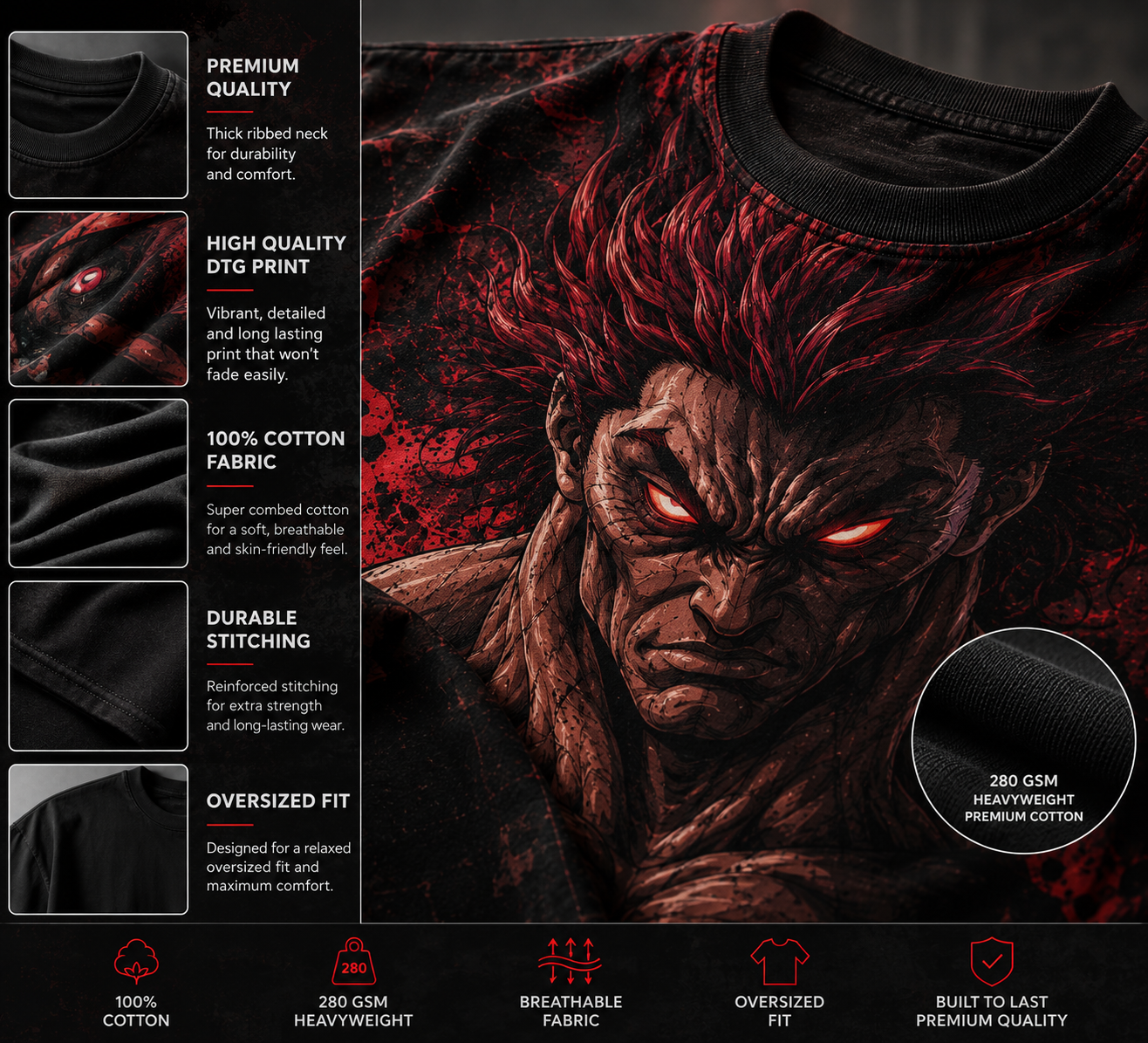Fabric specifications for the premium anime oversized t shirt, highlighting 280 GSM heavyweight premium cotton, high-quality DTG print, and a thick ribbed neck.