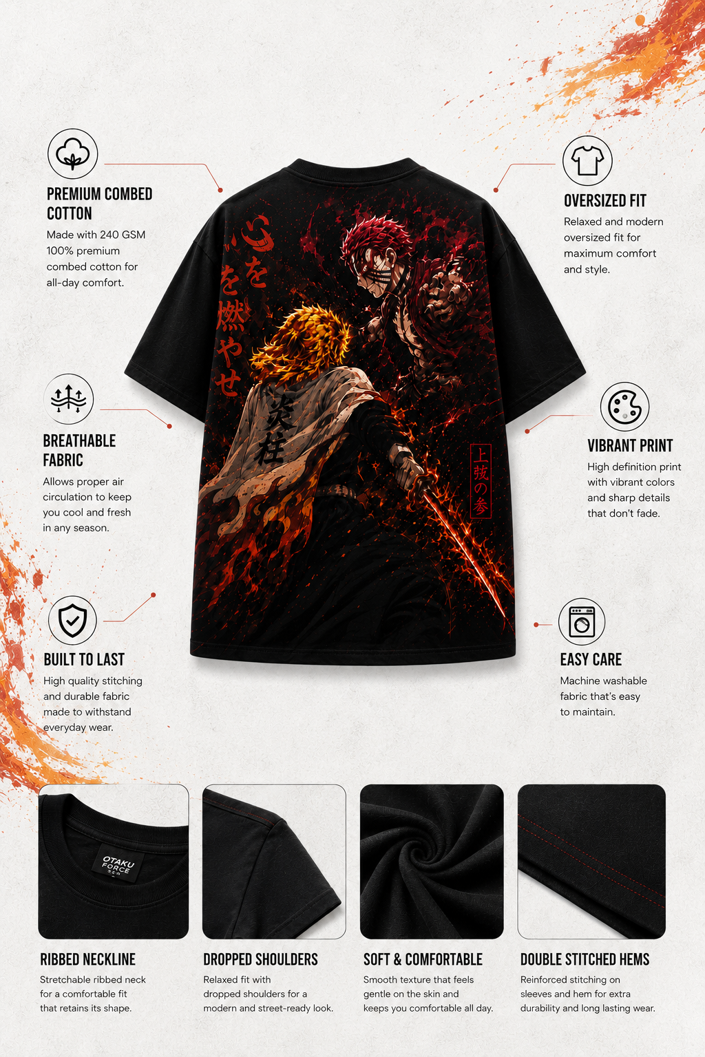Fabric specifications for the Demon Slayer tshirt, showcasing the heavyweight 100% cotton material, thick ribbed neck, and durable stitching.