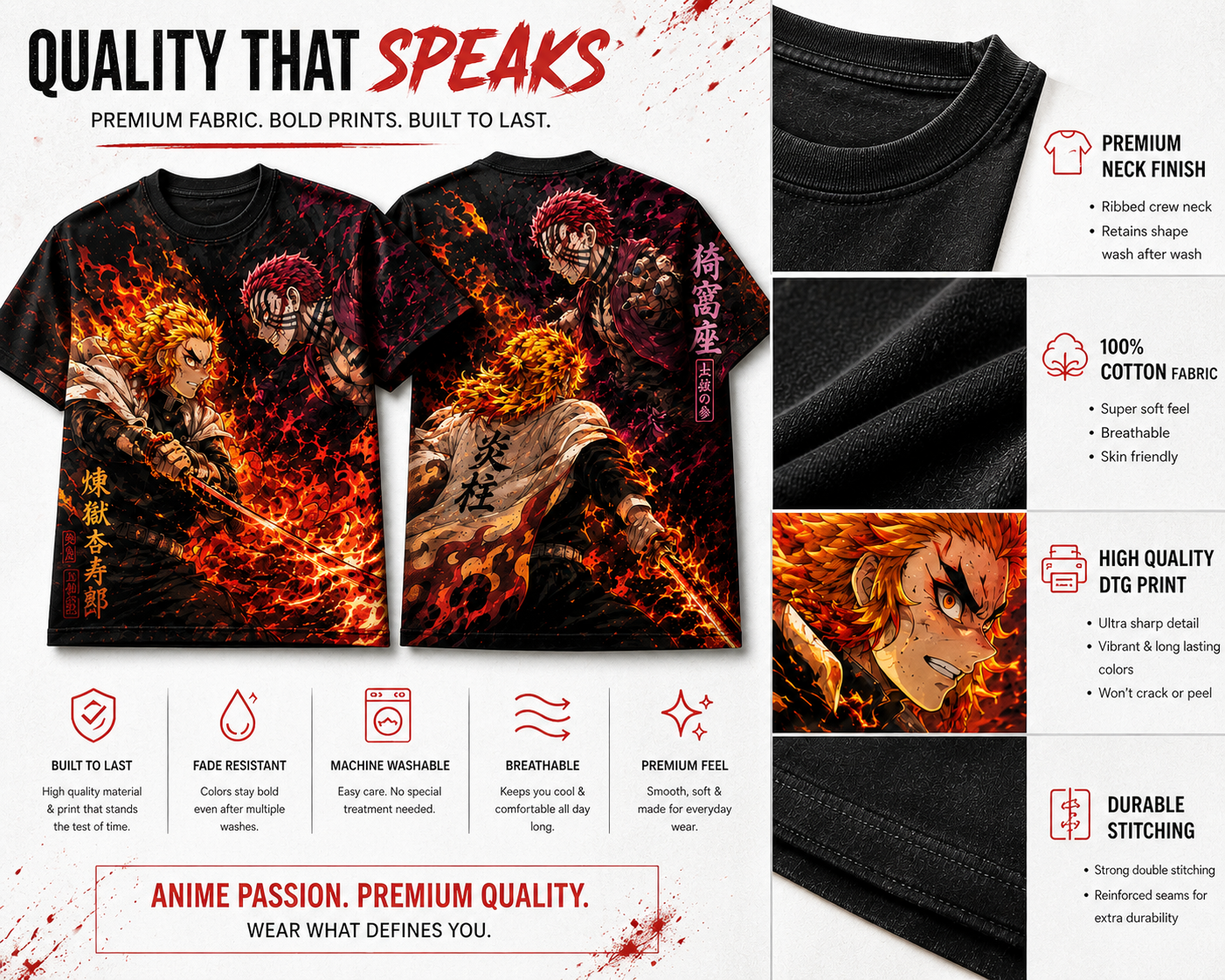 Feature breakdown of the premium anime oversized t shirt highlighting the high-quality DTG print on both the front and back graphics.