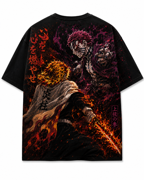 Back view of the heavyweight anime oversized t shirt displaying an alternate angle of the Mugen Train battle with Japanese kanji.