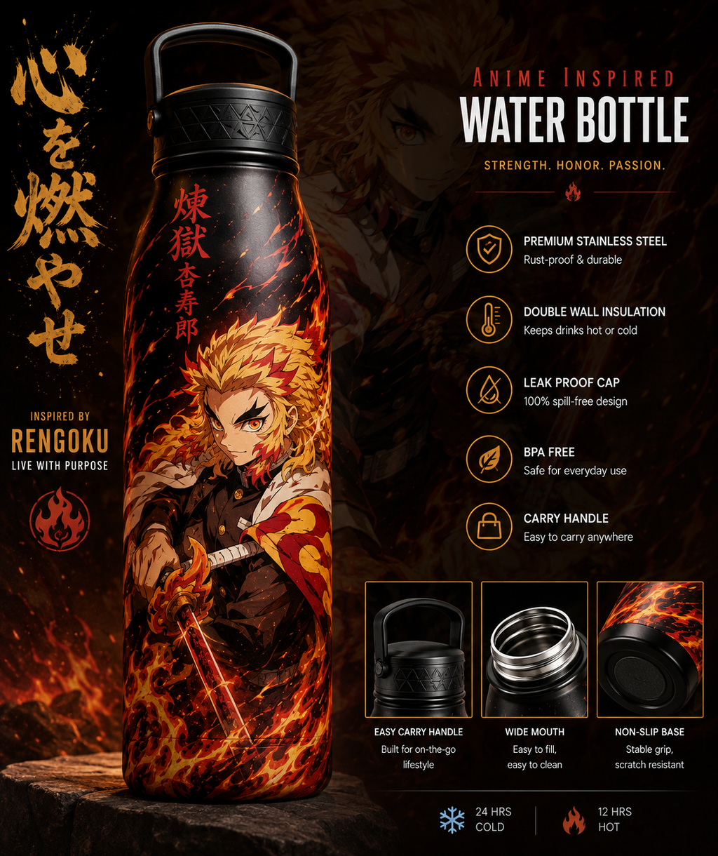 Key features of the Rengoku anime water bottle including double-wall insulation, leak-proof cap, wide mouth, and premium stainless steel build.