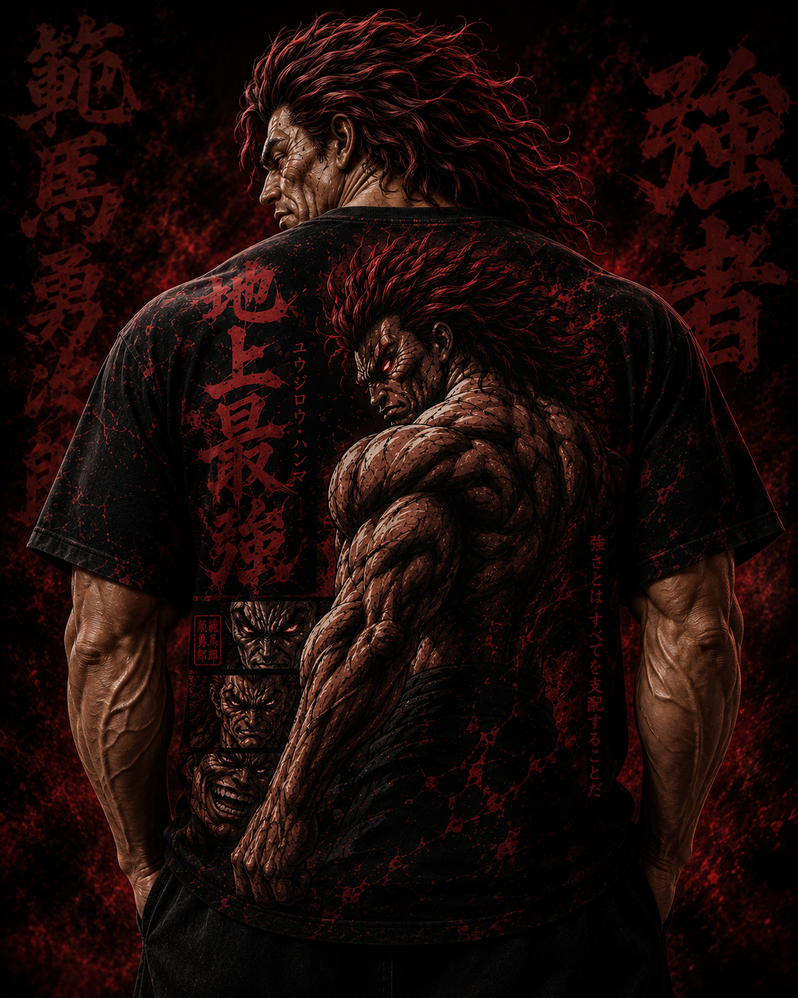 Muscular male model wearing a black Yujiro Hanma anime oversized t shirt, showcasing the highly detailed Demon Back graphic and red kanji on the back.