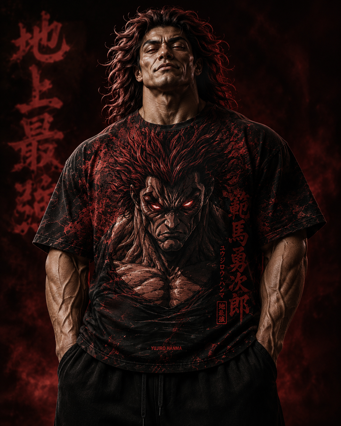 Male model wearing a heavyweight black anime oversized t shirt featuring a menacing Yujiro Hanma front graphic with a red aura.